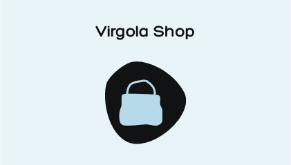 Logo del Virgola Shop con un'icona di borsa su uno sfondo chiaro e forme astratte.