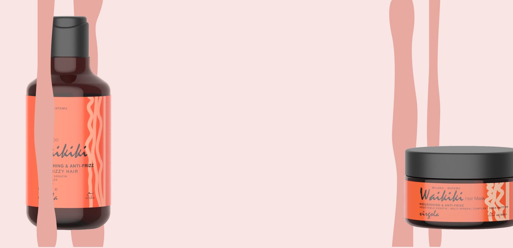 Prodotti per capelli Waikiki, shampoo e crema anti-crespo, presentati su uno sfondo rosa chiaro.