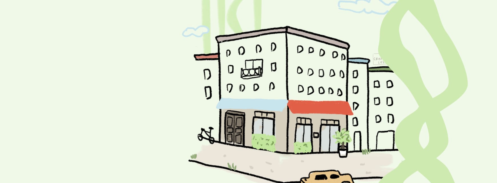 Illustrazione di un edificio con finestre e balconi, tetto rosso e blu, situato su una strada con un'auto gialla e una bicicletta.