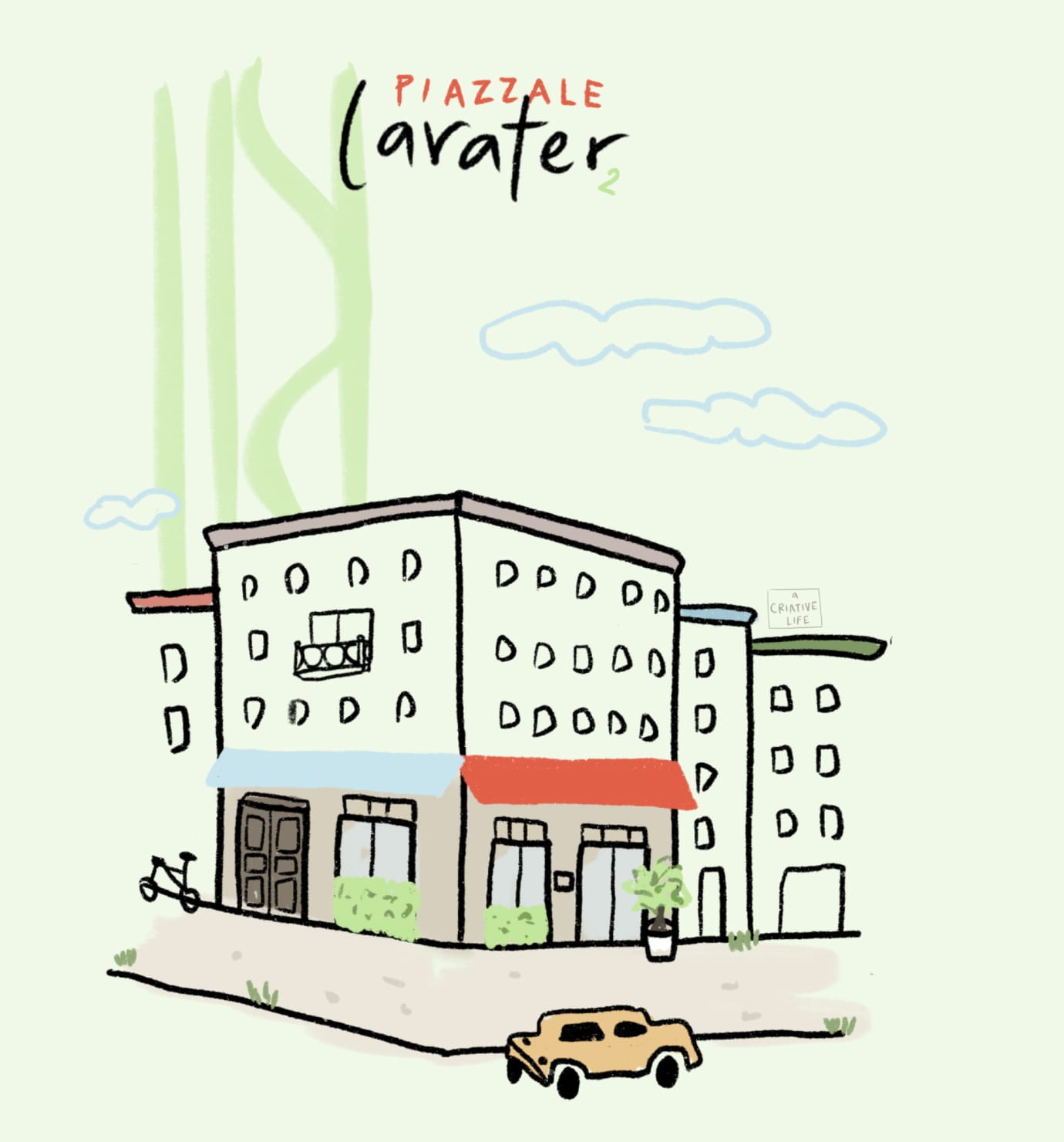 Illustrazione di un edificio con finestre e porte, situato in Piazzale Lavater, con un'auto gialla e un bicicletta all'esterno.