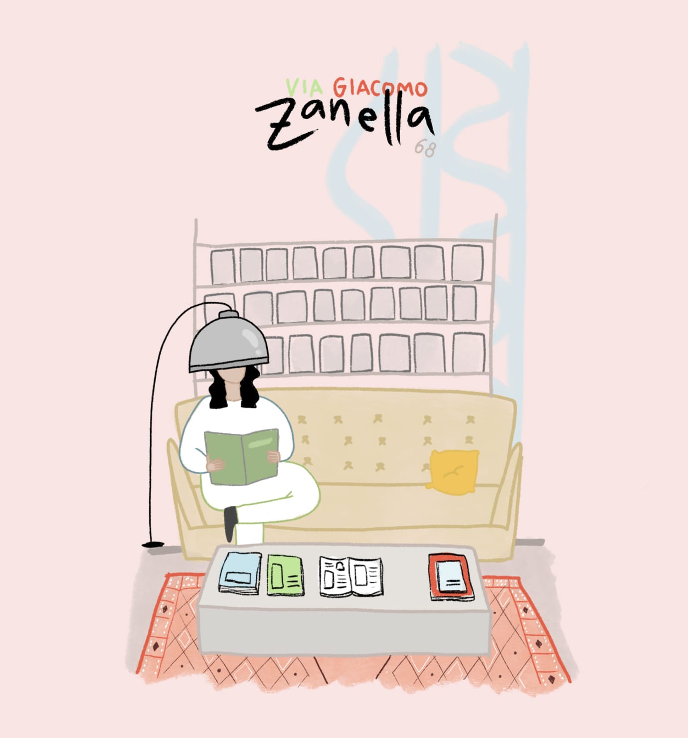 Illustrazione di una persona seduta su un divano che legge un libro, con una lampada da terra e un tavolino con riviste.