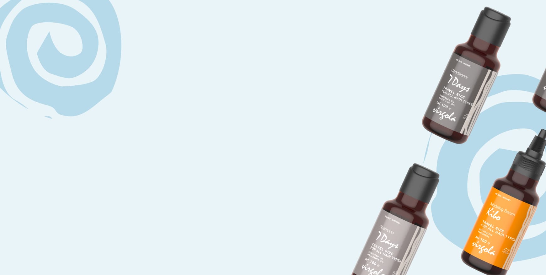 Flaconi di prodotti per capelli Virgola Salon, tra cui shampoo e oli, su sfondo blu chiaro con un motivo a spirale.